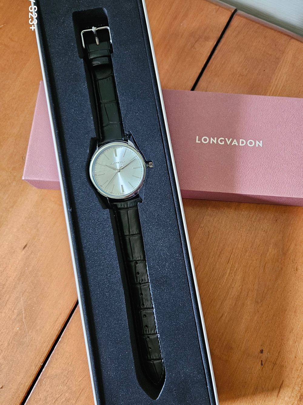 Longvadon NIB! Men's Black Leather and Silver Dial Watch